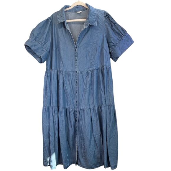 Crown & Ivy Womens 2X Blue Chambray Lyocell Tiered Maxi Pockets V Neck Dress - Picture 1 of 9